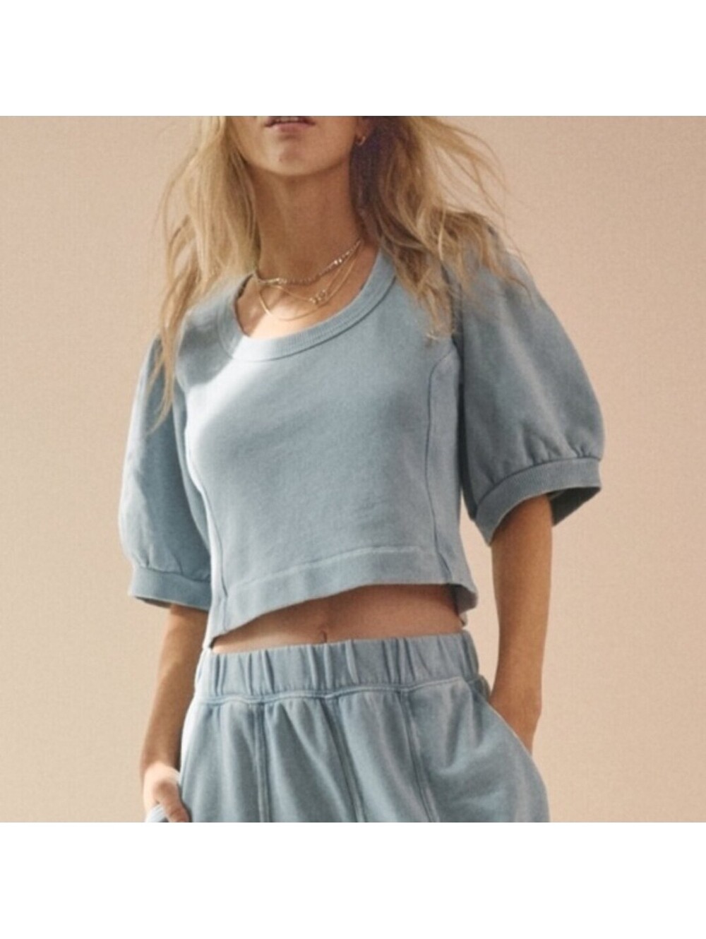 AERIE Seams Right Short Puff Sleeve Sweatshirt Women's Sz M Cropped Blue Cloud